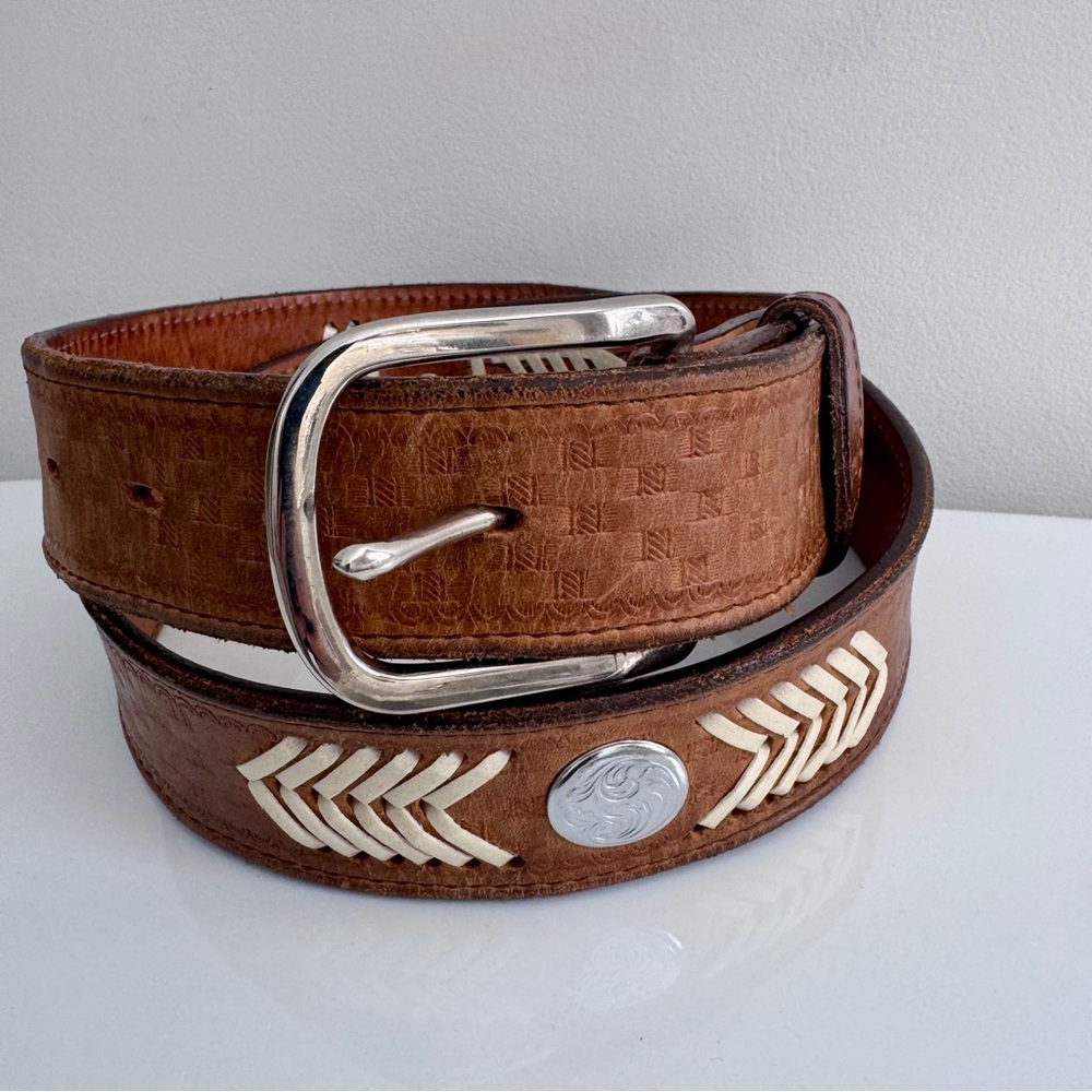 Vintage Handmade Brown Leather & Silver Western Belt